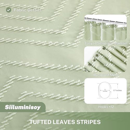 Siiluminisoy Extra Long Sage Green Boho Shower Curtain with White Tassel, Woven Fabric 84 in Shower Curtain, Tufted Chevron Striped, 72 x 84, Modern Chic Textured Minimalist Bathroom Shower