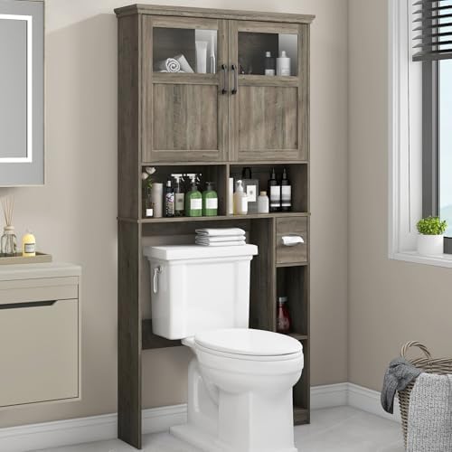 Vabches Over The Toilet Storage Cabinet with Doors & Paper Holder, Grey