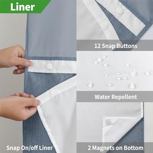eachope No Hook Fabric Shower Curtain with Snap-in Liner,71x80 Blue Grey