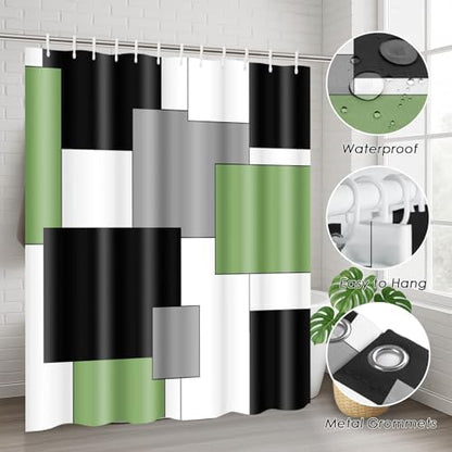 Bathroom Sets with Shower Curtain and Rugs, 4 Pcs, Geometric Sage