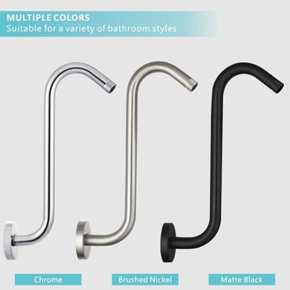 Shower Head Extension Arm with Flange, S Shaped High Rise Gooseneck Showerhead Riser Pipe, Universal Standard 1/2" Connection - Bathroom Accessory (12 Inch, Chrome)
