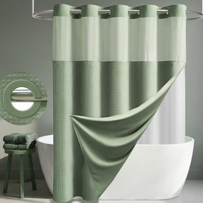 Dynamene Sage Green Hook Free Waffle Shower Curtain & Snap-in Liner,84x75