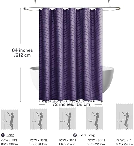 Siiluminisoy Extra Long Boho Shower Curtain, Woven Fabric 84 in Dark Purple, 72 x 84, Tufted Chevron Striped Modern Chic Textured Minimalist Bathroom Shower Curtain