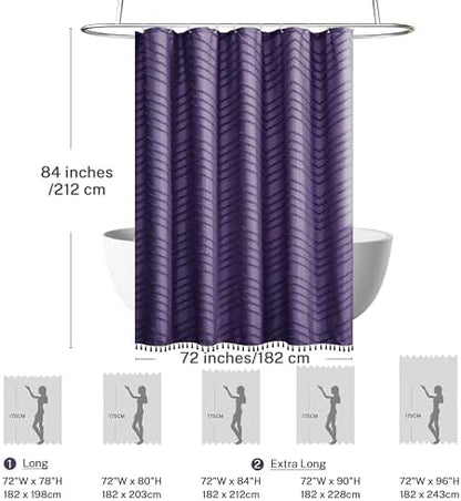 Siiluminisoy Extra Long Boho Shower Curtain, Woven Fabric 84 in Dark Purple, 72 x 84, Tufted Chevron Striped Modern Chic Textured Minimalist Bathroom Shower Curtain