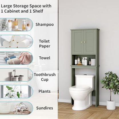 Shintenchi Over the Toilet Storage Cabinet, Bathroom Shelf Organizer with Anti-Tip Device Small Freestanding Space Saver with Adjustable Shelf，Green