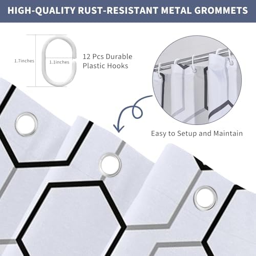 Modern Black and White Hexagon Geometric Shower Curtain, 72"W x 72"L