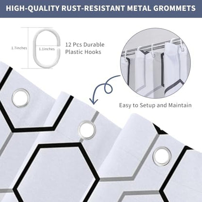 Modern Black and White Hexagon Geometric Shower Curtain, 72"W x 72"L