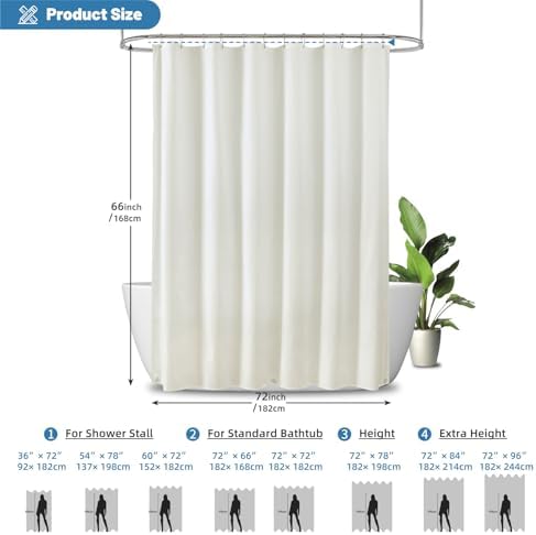 1 Pack Water-Repellent Fabric Shower Curtain Liner, 72x66 Cream