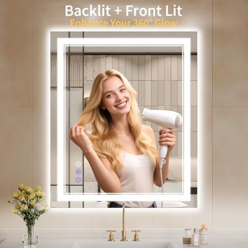 30"x36" LED Bathroom Mirror with Lights, Anti-Fog, Backlit + Front Lit, Dimmable, Led Vanity Mirror for Wall, Lighted Bathroom Mirror, 3 Colors, Shatter-Proof Tempered Glass