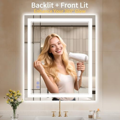 30"x36" LED Bathroom Mirror with Lights, Anti-Fog, Backlit + Front Lit, Dimmable, Led Vanity Mirror for Wall, Lighted Bathroom Mirror, 3 Colors, Shatter-Proof Tempered Glass