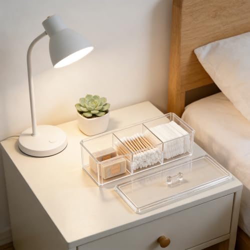 2 Pack Clear Bathroom Organizer with Lid, 3 Compartment Cotton Swab Holder