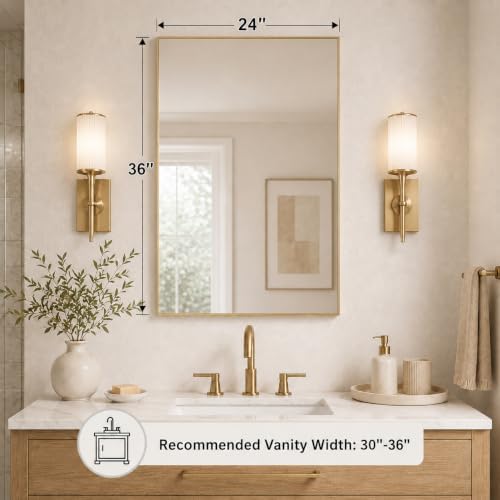 24x36 Satin Gold Framed Rectangle Bathroom Vanity Wall Mirror