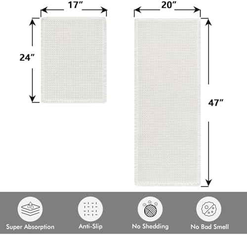 MIULEE Set of 2 Waffle Bathroom Rugs Boho Bath Mat White 17"x24"+20"x47"