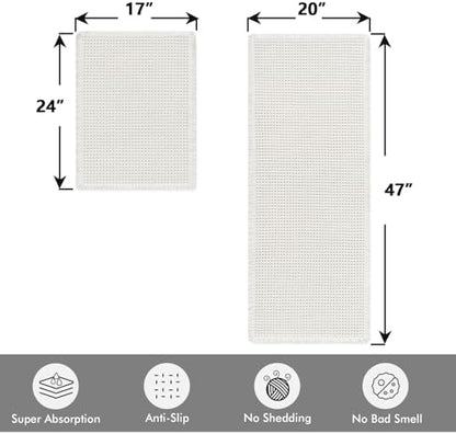 MIULEE Set of 2 Waffle Bathroom Rugs Boho Bath Mat White 17"x24"+20"x47"