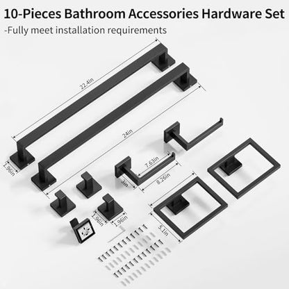 Gypie Bathroom Accessories Set Wall Mounted, 10-Piece 24In Matte Black