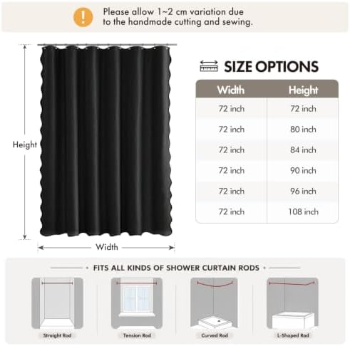 ANRODUO Black Scalloped Linen Textured Shower Curtain, W72 x L108