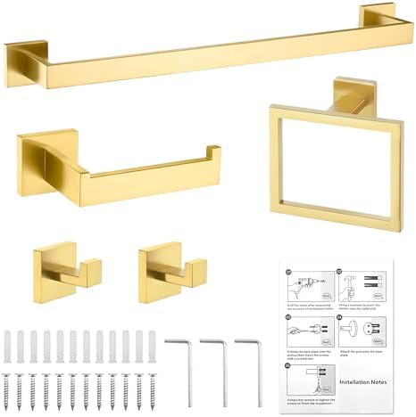 5-Piece Brushed Gold Bathroom Hardware Set - Hand Towel Bar, Toilet Paper Holder, Towel Ring & Rack