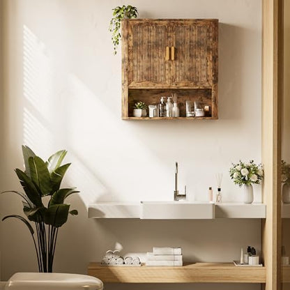 INNOD Bathroom Wall Cabinet, Wall-Mounted Medicine Cabinet with Adjustable Wood Shelf & Doors, Floating Bathroom Cabinet Over Toilet for Laundry Room & Kitchen & Living Room (Retro)