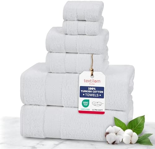 TEXTILOM 100% Turkish Cotton 6 Pcs Bath Towel Set, Luxury Bath Towels for Bathroom, Soft & Absorbent Bathroom Towels Set (2 Bathtowels, 2 Hand Towels, 2 Washcloths)- White