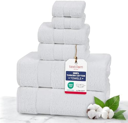 TEXTILOM 100% Turkish Cotton 6 Pcs Bath Towel Set, Luxury Bath Towels for Bathroom, Soft & Absorbent Bathroom Towels Set (2 Bathtowels, 2 Hand Towels, 2 Washcloths)- White