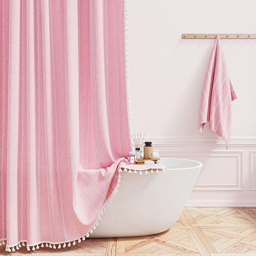 BTTN 72x84 Long Boho Farmhouse Linen Heavy Duty Shower Curtain, Blush Pink