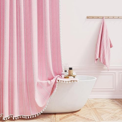 BTTN 72x84 Long Boho Farmhouse Linen Heavy Duty Shower Curtain, Blush Pink