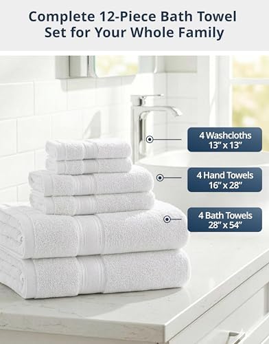 LANE LINEN Towel Set for Bathroom 12 Piece Soft Absorbent Quick Dry - White