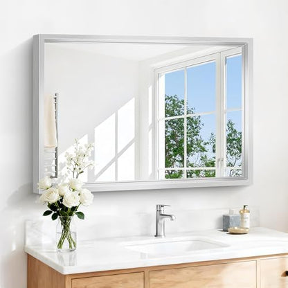 42x30 Silver Bathroom Mirror, Brushed Silver Rectangular Mirror for Wall, 0.6" Thickened Deep Frame Mirrors for Bathroom Sink, Shatterproof Tempered Glass, Antirust, Horizontally or Vertically