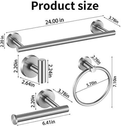 Brushed Nickel Bathroom Hardware Set, 24 Inch Towel Bar Set 10 Pieces Bathroom Accessories Set Includes Includes 2 Packs 24 Inch Towel Bar, Towel Ring, Toilet Holder and 4 Packs Towel Hooks