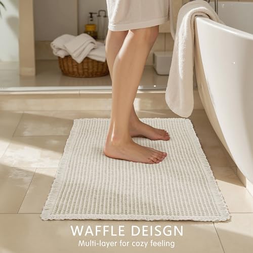 SUBRTEX Waffle Braided Bath Mat, 24" x 60" Soft Waffle Bath Rugs, Absorbent Non Slip Bathrooom Mats, Machine Washable Area Rug for Bathroom, Quick Dry, White