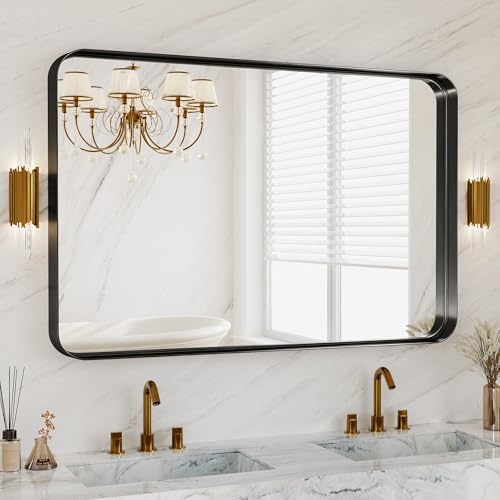 48X30 Inch Black Metal Framed Bathroom Mirror for Wall,HD Tempered Glass
