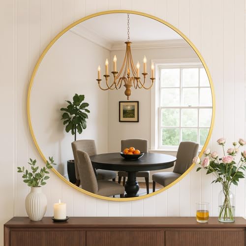 30 Inch Round Bathroom Mirror for Wall, Matte Gold Metal Framed