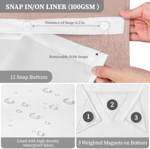 BTTN 72x87 Ringless Linen Textured Shower Curtain with Snap in Liner, Blush