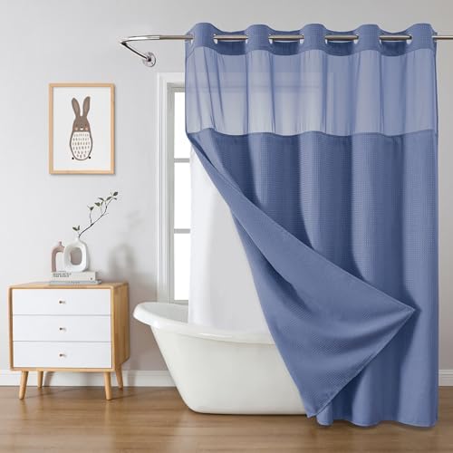 No Hook Waffle Shower Curtain with Snap-in Liner, 71x77 Inch, MoonlightBlue
