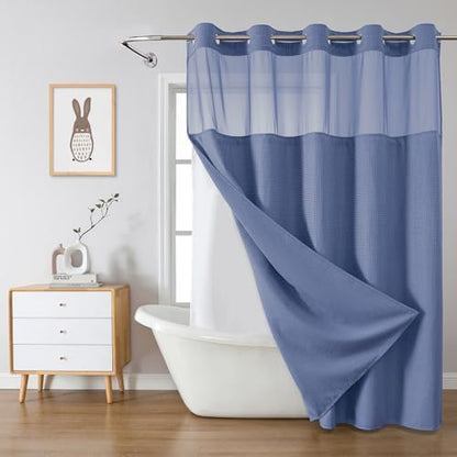 No Hook Waffle Shower Curtain with Snap-in Liner, 71x80 Inch,Moonlight Blue