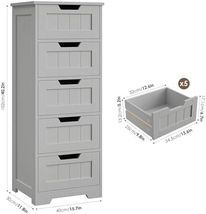 FOTOSOK Bathroom Cabinet, Bathroom Storage Cabinet with 5 Drawers, Grey