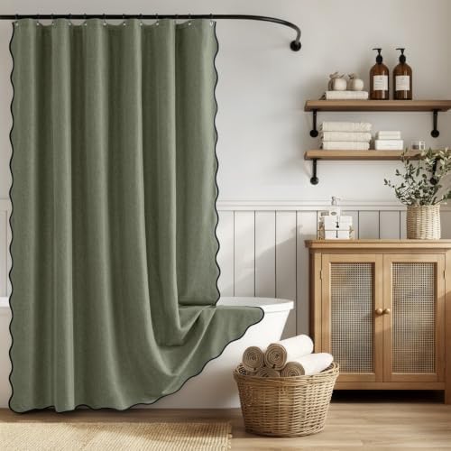 ANRODUO Olive Green Scalloped Linen Textured Shower Curtain, W72 x L108