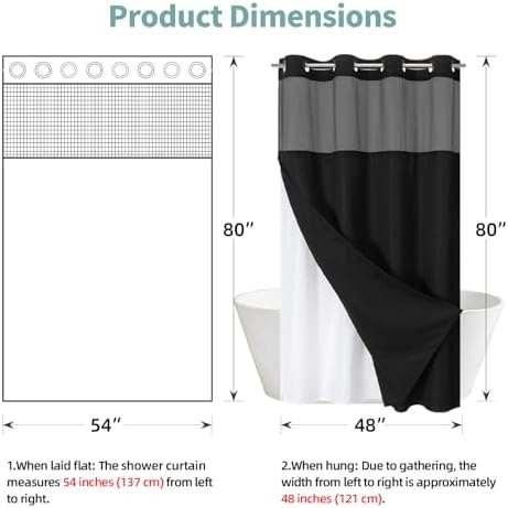 eachope No Hook Waffle Shower Curtain with Snap-in Liner, 54x80 Inch, Black