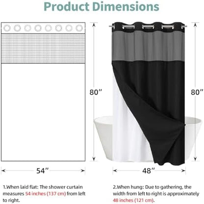 eachope No Hook Waffle Shower Curtain with Snap-in Liner, 54x80 Inch, Black