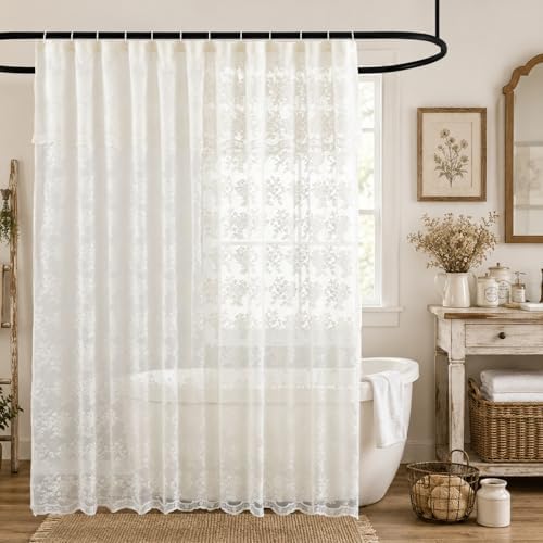 TUDECO Ivory Lace Shower Curtain with Valance, 72 x 72, Vintage Style