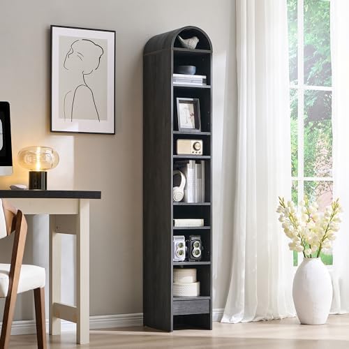 IFBUY 67" Tall Arched Bathroom Storage Cabinet, 8-Tier Modern Farmhouse Storage Cabinet with Adjustable Shelves, Wood Freestanding Cabinet for Bathroom, Living Room, Entryway, Hallway (Dark Grey)
