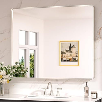 Keonjinn 42 x 36 Inch Brushed Nickel Bathroom Vanity Mirror, Tempered Glass