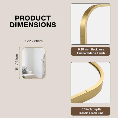 12"x16" Bathroom Mirror for Over Sink, Brushed Gold Rectangle Vanity Mirror