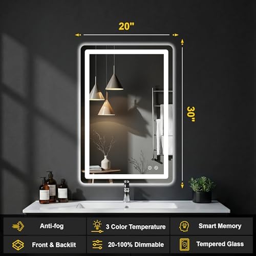 LED Bathroom Mirror with Lights, 20"x30" Lighted Vanity Mirror for Wall