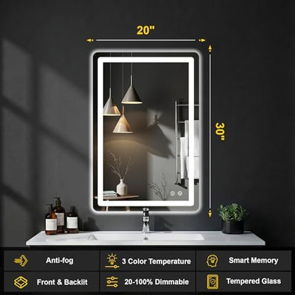 LED Bathroom Mirror with Lights, 20"x30" Lighted Vanity Mirror for Wall