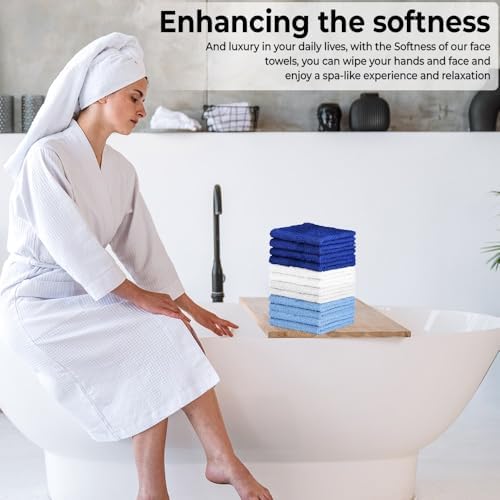 QUBA LINEN 100% Cotton Washcloth Set – Soft, Absorbent Face Towels for Bathroom & Gym Use – Durable & Reusable Wash Cloths - (Blue, White and Navy (12x12), (Pack of 12)