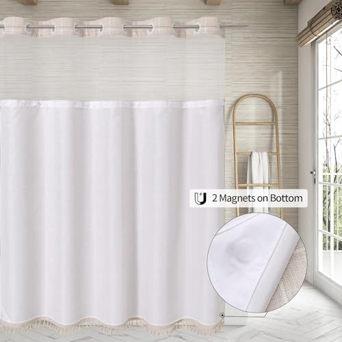 MitoVilla No Hooks Required Farmhouse Shower Curtain with Snap-in Liner - with Window & Magnets, Boho Cotton Linen Fabric Shower Curtains with Tassels for Rustic Bathroom Decor, Beige/Cream, 72 x 74