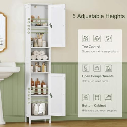 TEENFON 67" Tall Bathroom Cabinet with Adjustable Shelves and Doors, Narrow Bathroom Storage Cabinet for Small Space, Living Room, Entryway, Kitchen, White
