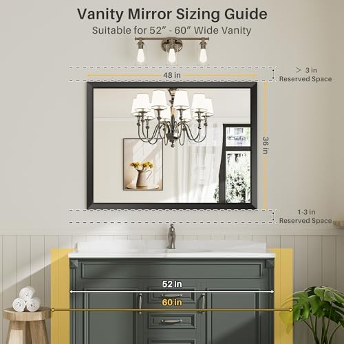 Briivue Black Metal Framed Bathroom Wall Mirror, 48x36 Inch