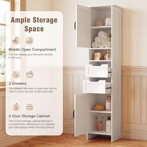 GRUSIGN 67" Tall Bathroom Storage Cabinet, Narrow Bathroom Cabinet with 2 Doors, 2 Drawers and 2 Adjustable Shelves, Slim Storage Cabinets for Kitchen, Living Room, Entryway, White